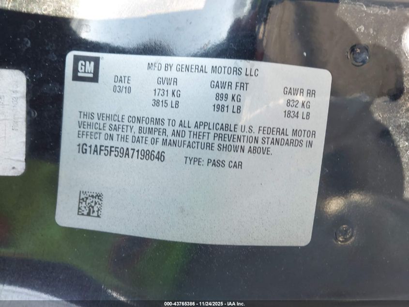 2010 Chevrolet Cobalt Lt VIN: 1G1AF5F59A7198646 Lot: 43765386