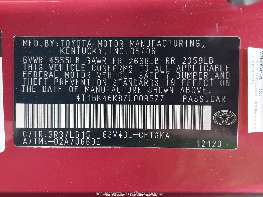 2007 Toyota Camry Se V6 VIN: 4T1BK46K87U009577 Lot: 43765407