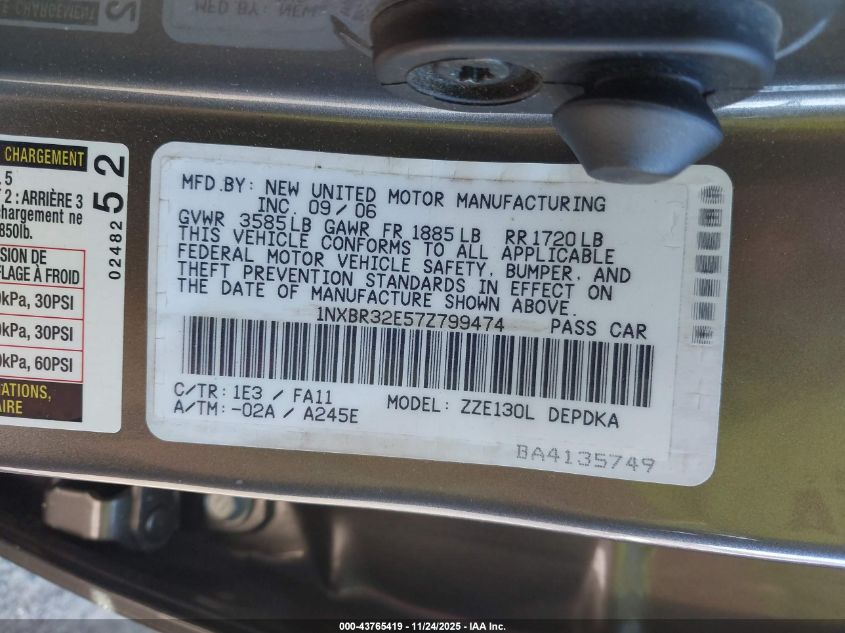 2007 Toyota Corolla Ce VIN: 1NXBR32E57Z799474 Lot: 43765419