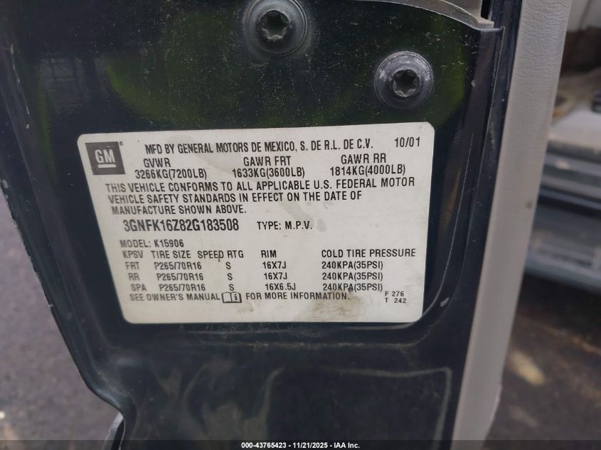 2002 Chevrolet Suburban 1500 Lt VIN: 3GNFK16Z82G183508 Lot: 43765423