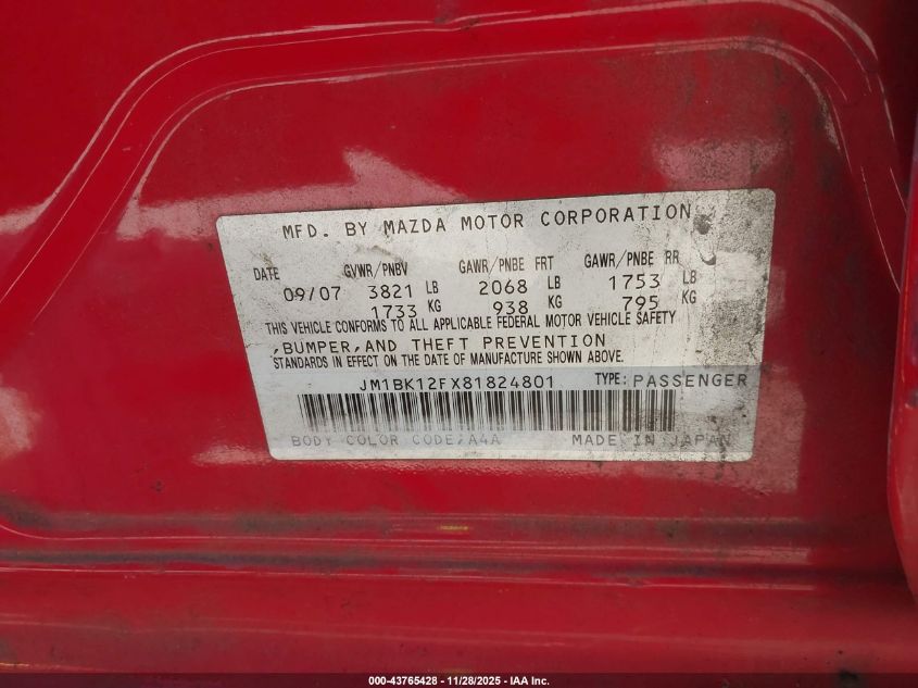 2008 Mazda Mazda3 I VIN: JM1BK12FX81824801 Lot: 43765428