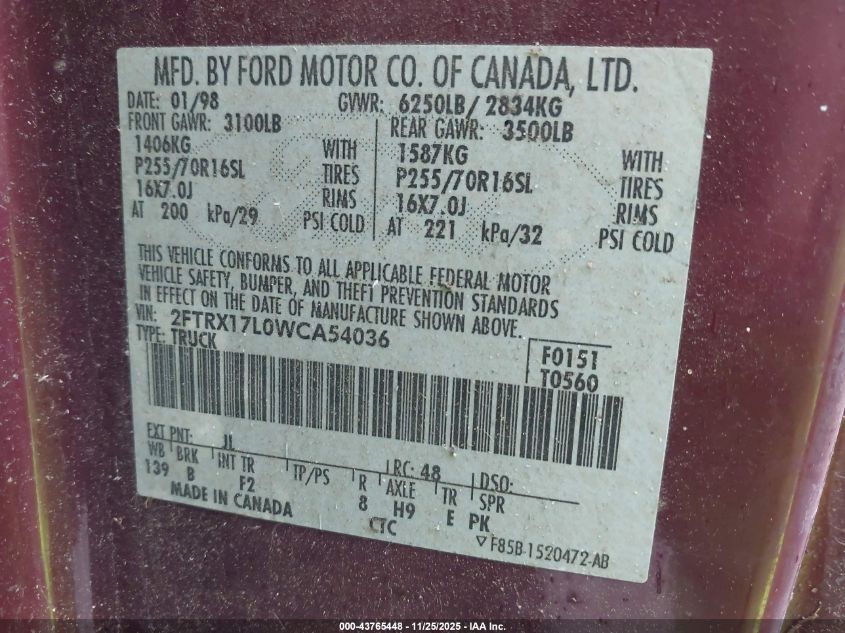 1998 Ford F-150 Lariat/Xl/Xlt VIN: 2FTRX17L0WCA54036 Lot: 43765448