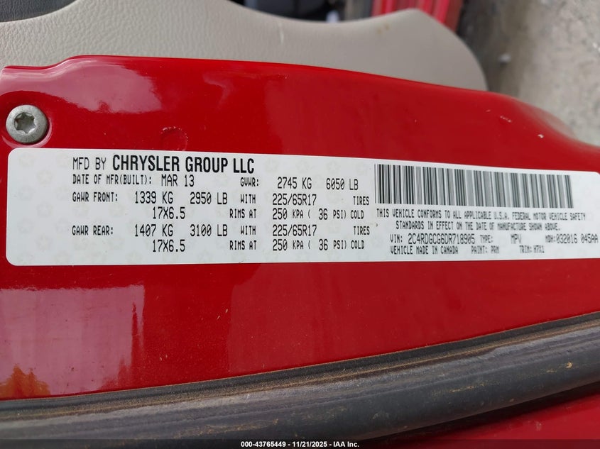 2013 Dodge Grand Caravan Sxt VIN: 2C4RDGCG6DR718905 Lot: 43765449