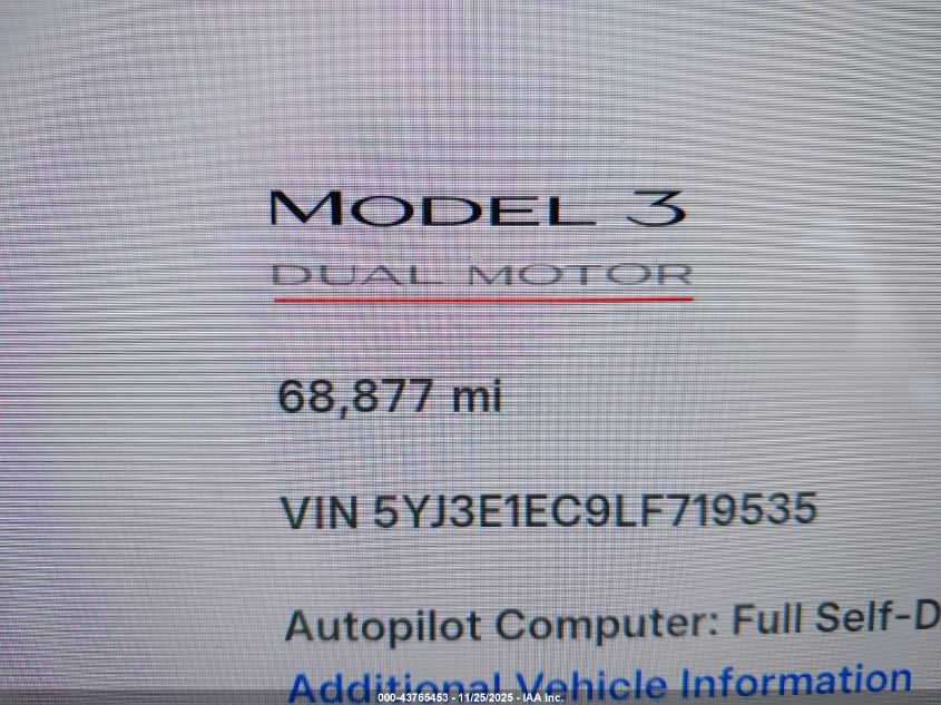 2020 Tesla Model 3 Performance Dual Motor All-Wheel Drive VIN: 5YJ3E1EC9LF719535 Lot: 43765453
