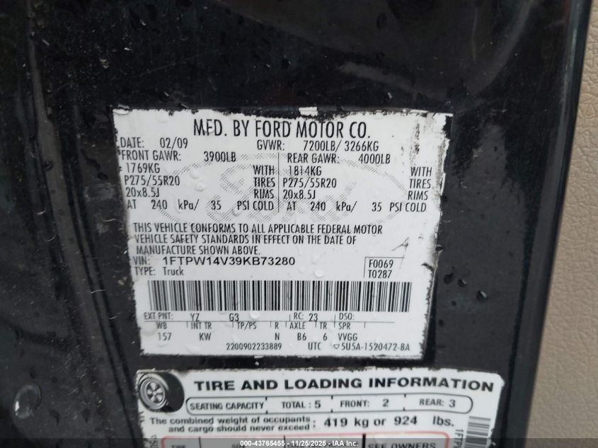 2009 Ford F-150 King Ranch VIN: 1FTPW14V39KB73280 Lot: 43765455