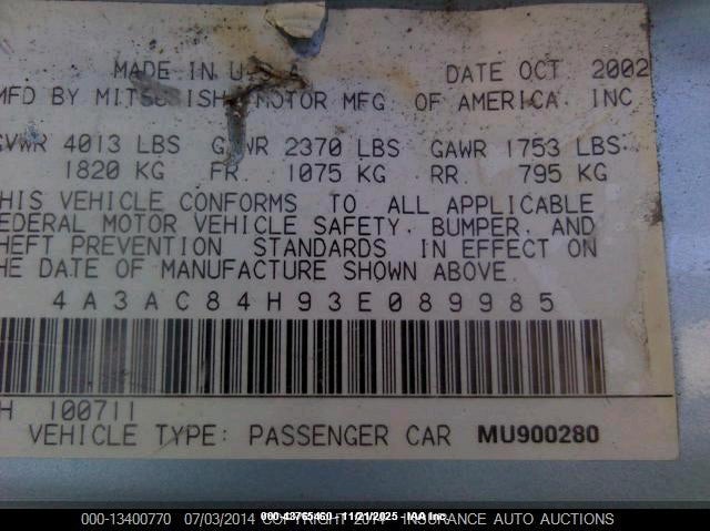 2003 Mitsubishi Eclipse Gt VIN: 4A3AC84H93E089985 Lot: 43765460