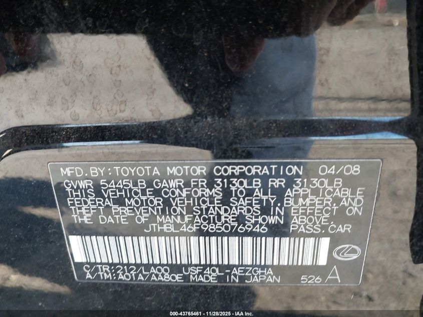 2008 Lexus Ls 460 VIN: JTHBL46F985076946 Lot: 43765461