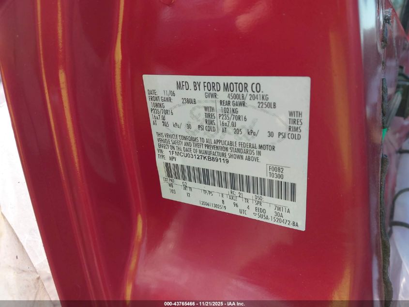 2007 Ford Escape Xlt/Xlt Sport VIN: 1FMCU03127KB89119 Lot: 43765466