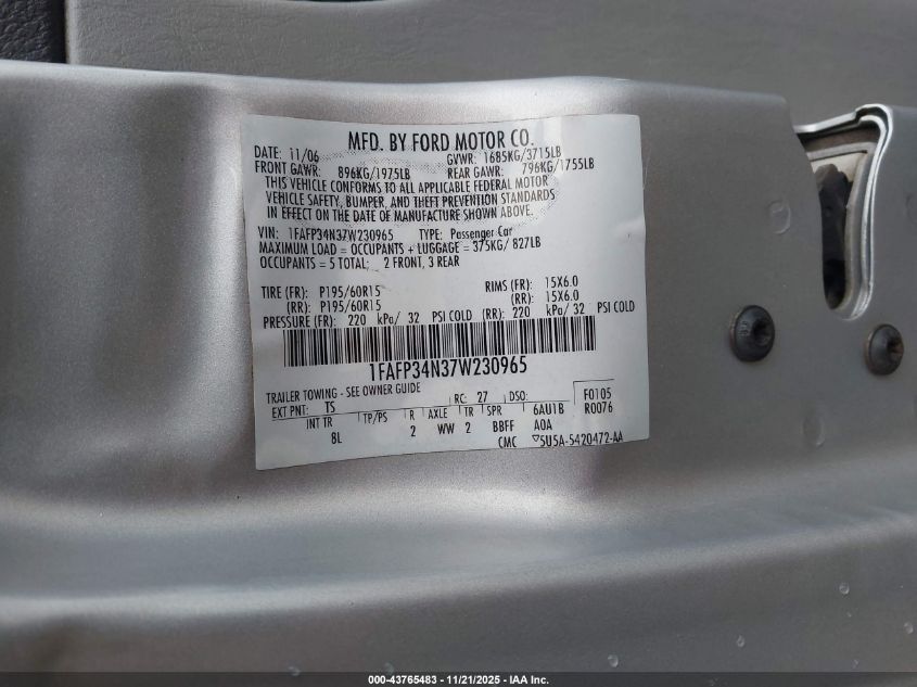 2007 Ford Focus S/Se/Ses VIN: 1FAFP34N37W230965 Lot: 43765483