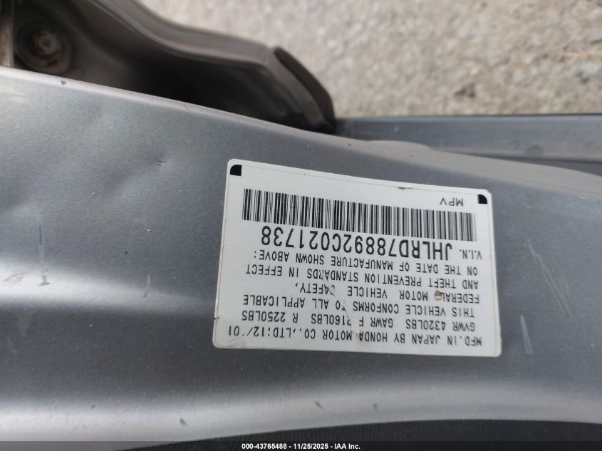 2002 Honda Cr-V Ex VIN: JHLRD78892C021738 Lot: 43765488