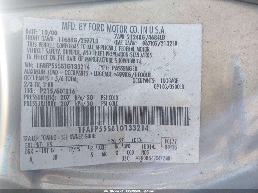 2001 Ford Taurus Se VIN: 1FAFP53S81G133214 Lot: 43765502