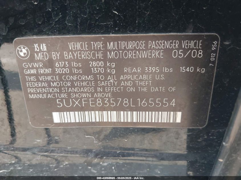 2008 BMW X5 4.8I VIN: 5UXFE83578L165554 Lot: 43765505
