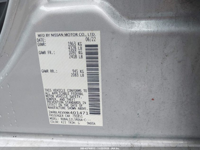 2022 Nissan Altima 2.5 Sl VIN: 1N4BL4EVXNN401471 Lot: 43765513