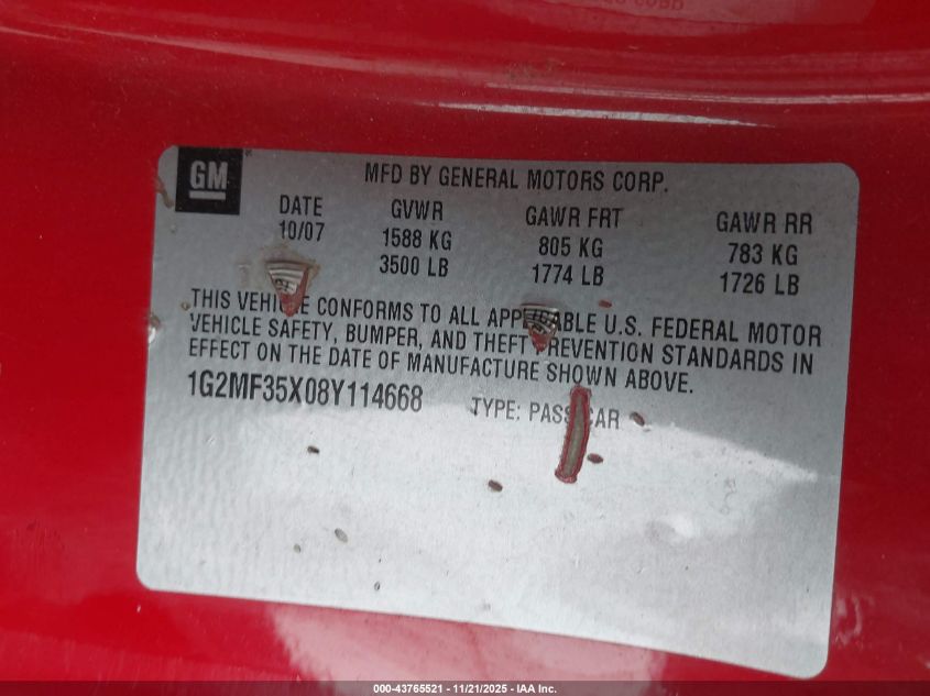 2008 Pontiac Solstice Gxp VIN: 1G2MF35X08Y114668 Lot: 43765521