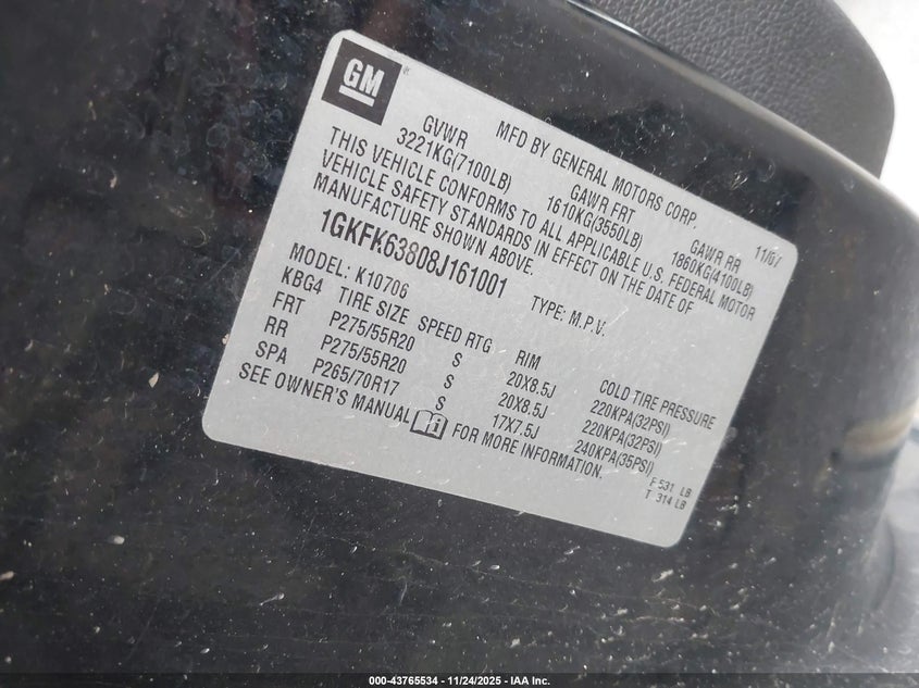 2008 GMC Yukon Denali VIN: 1GKFK63808J161001 Lot: 43765534