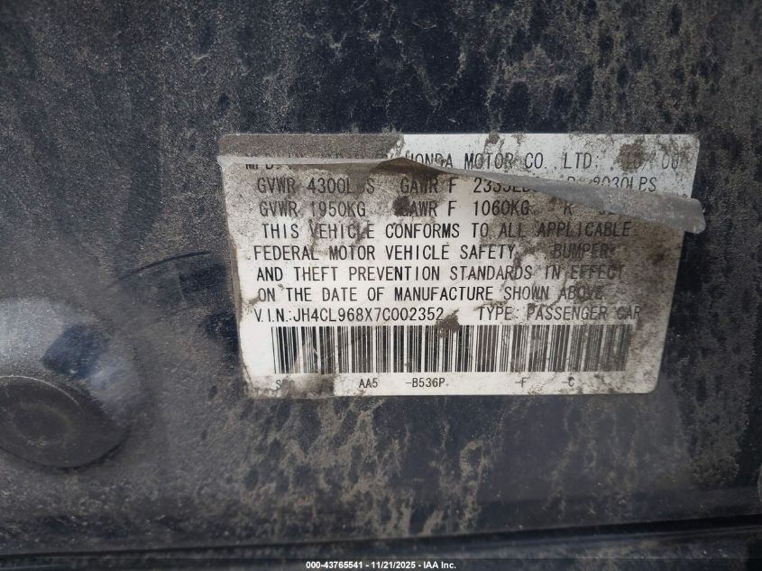 2007 Acura Tsx VIN: JH4CL968X7C002352 Lot: 43765541