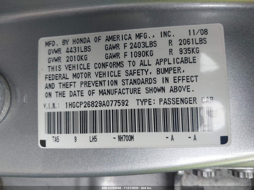 2009 Honda Accord 2.4 Ex-L VIN: 1HGCP26829A077592 Lot: 43765558