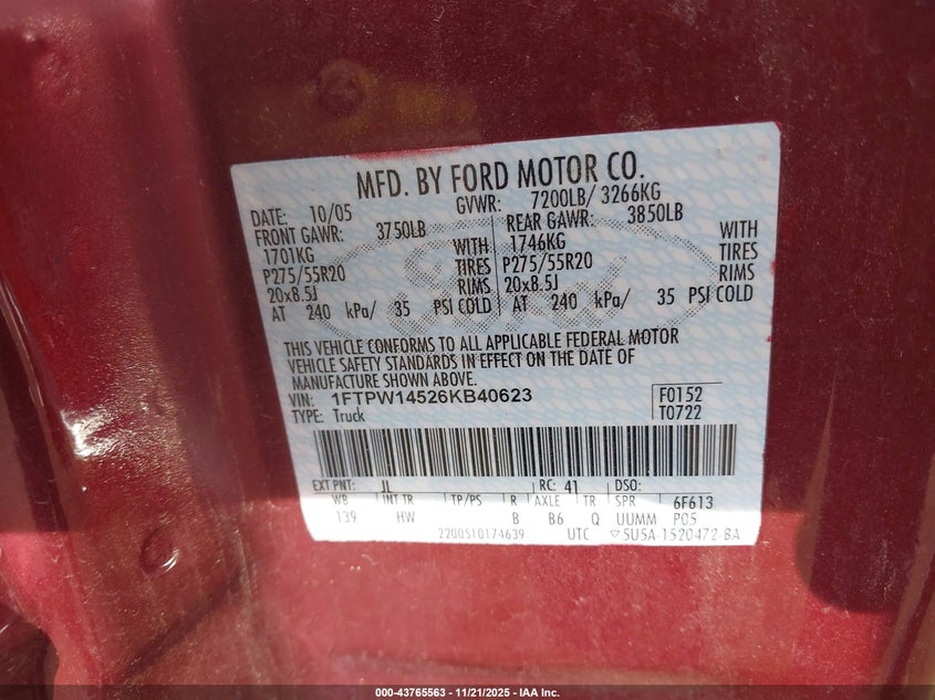 2006 Ford F-150 Fx4/Lariat/Xlt VIN: 1FTPW14526KB40623 Lot: 43765563