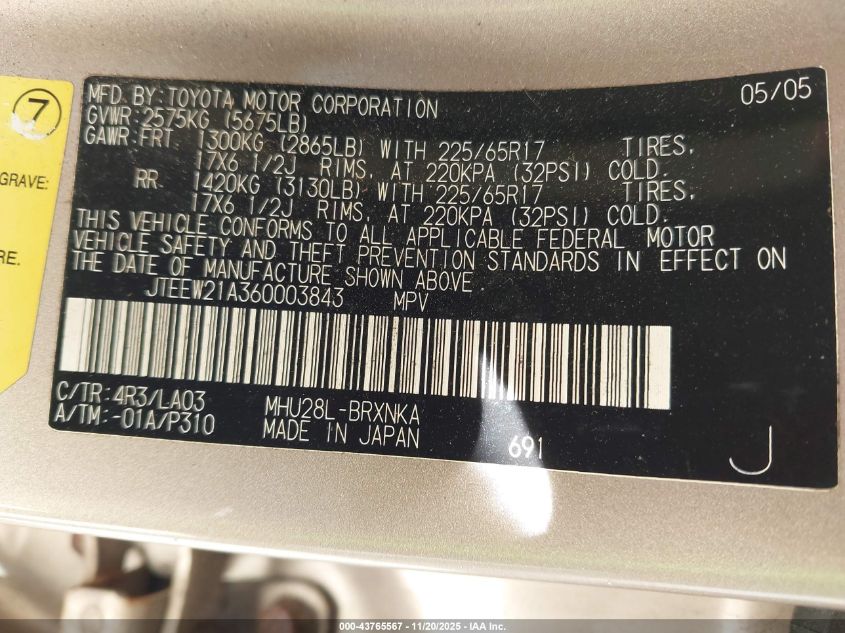 2006 Toyota Highlander Hybrid Limited V6 VIN: JTEEW21A360003843 Lot: 43765567