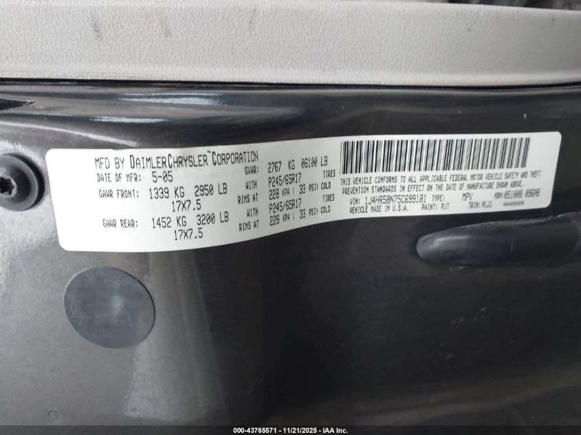 2005 Jeep Grand Cherokee Limited VIN: 1J4HR58N75C699181 Lot: 43765571