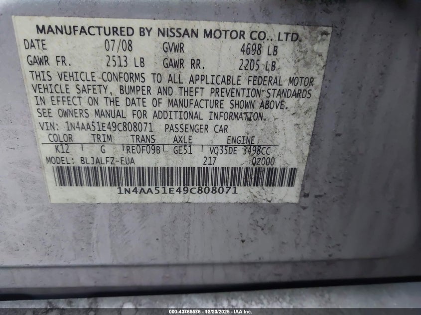 2009 Nissan Maxima 3.5 Sv VIN: 1N4AA51E49C808071 Lot: 43765576