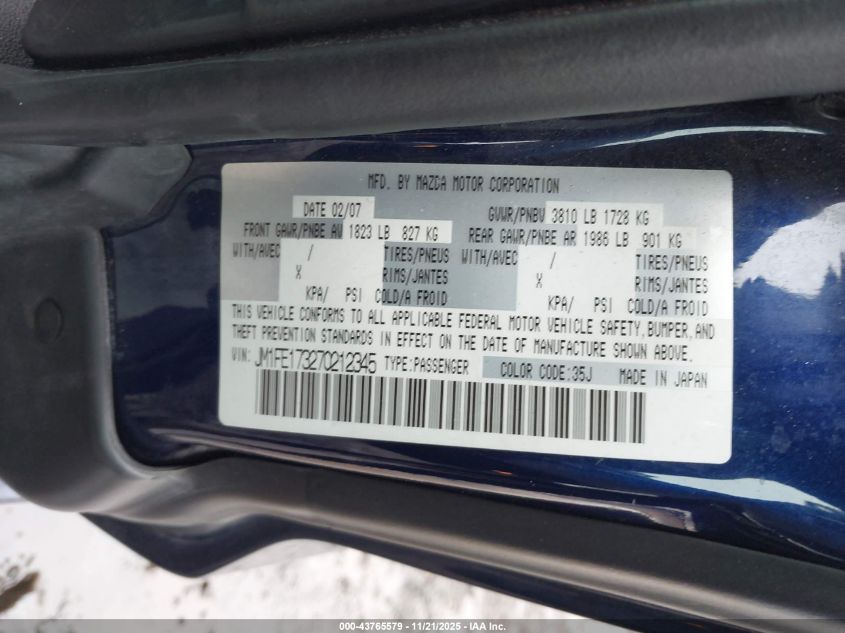 2007 Mazda Rx-8 Grand Touring VIN: JM1FE173270212345 Lot: 43765579