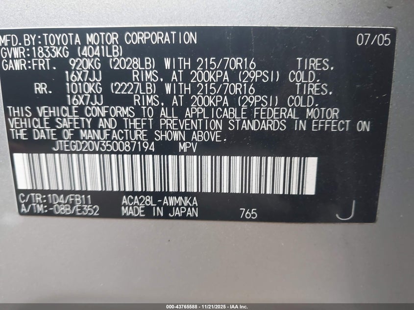 JTEGD20V350087194 2005 TOYOTA RAV 4 photo no. 9
