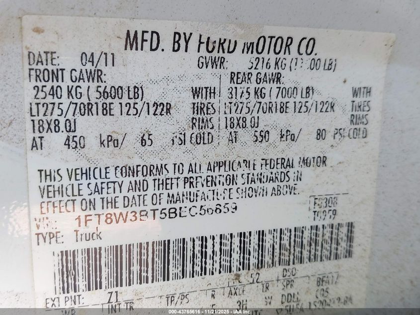 2011 Ford Super Duty F-350 Srw Xl VIN: 1FT8W3BT5BEC56859 Lot: 43765616