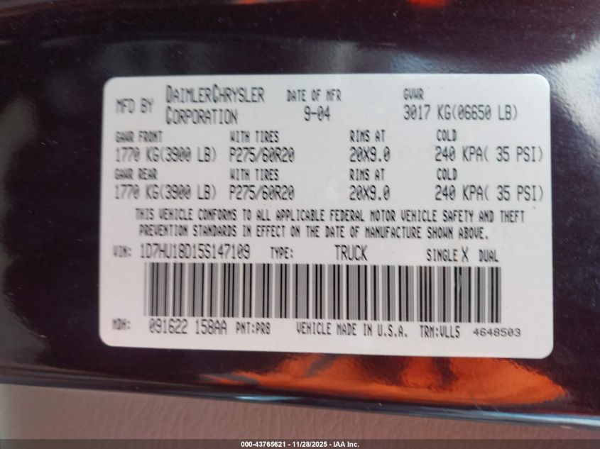 2005 Dodge Ram 1500 Slt/Laramie VIN: 1D7HU18D15S147109 Lot: 43765621