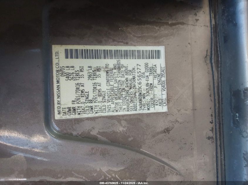 2005 Nissan Xterra S VIN: 5N1AN08W15C656577 Lot: 43765625