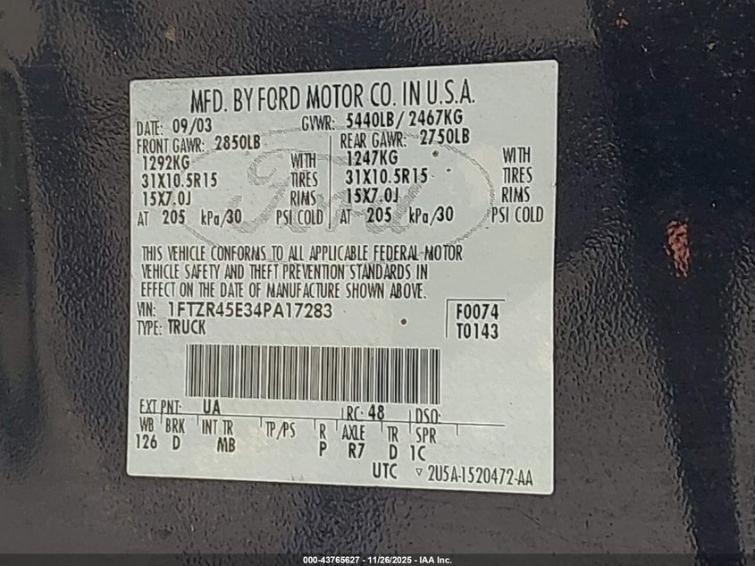 2004 Ford Ranger Edge/Tremor/Xlt VIN: 1FTZR45E34PA17283 Lot: 43765627