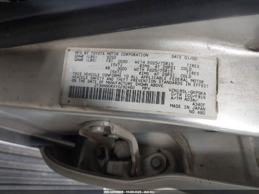 2000 Toyota 4Runner Sr5 V6 VIN: JT3HN86RXY0292460 Lot: 43765635