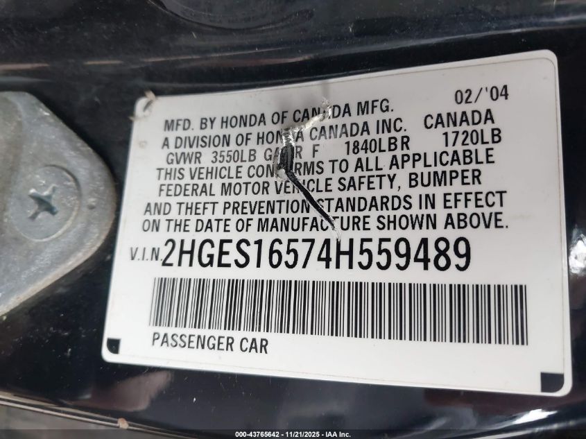 2004 Honda Civic Lx VIN: 2HGES16574H559489 Lot: 43765642