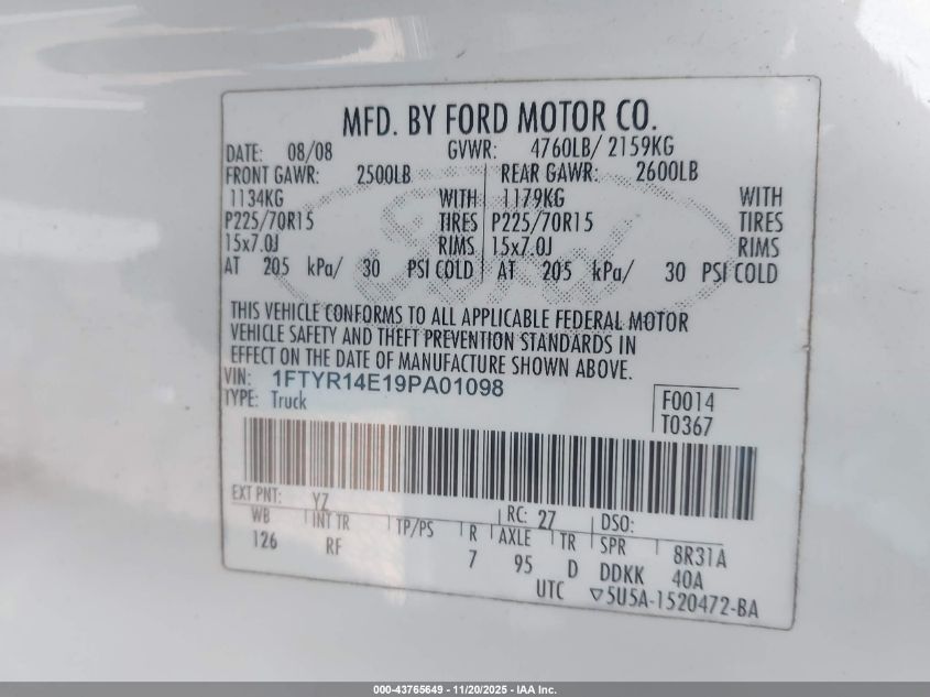 2009 Ford Ranger Sport/Xl/Xlt VIN: 1FTYR14E19PA01098 Lot: 43765649