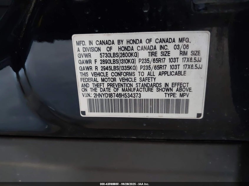 2006 Acura Mdx VIN: 2HNYD18746H534373 Lot: 43765657