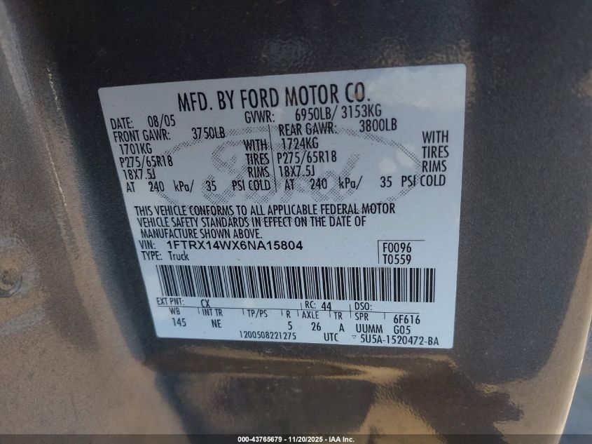 2006 Ford F-150 Stx/Xl/Xlt VIN: 1FTRX14WX6NA15804 Lot: 43765679