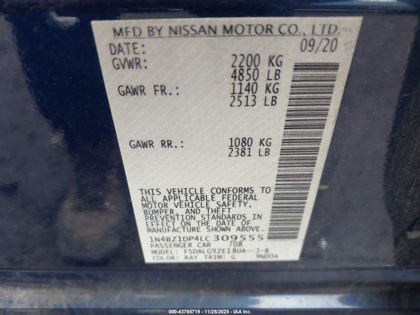 2020 Nissan Leaf Sl Plus 62 Kwh VIN: 1N4BZ1DP4LC309555 Lot: 43765719