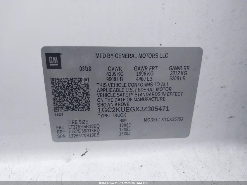 2018 Chevrolet Silverado 2500Hd Wt VIN: 1GC2KUEGXJZ305471 Lot: 43765721