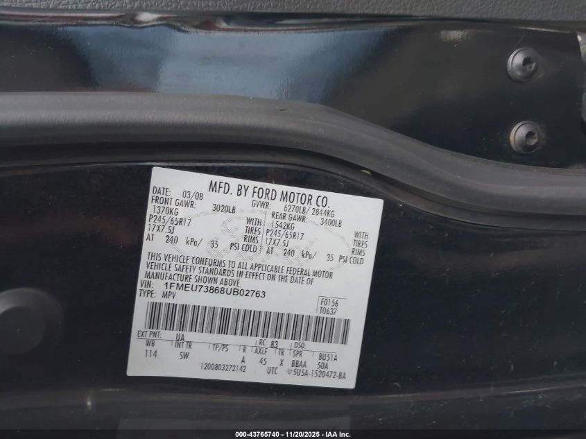 2008 Ford Explorer Xlt VIN: 1FMEU73868UB02763 Lot: 43765740