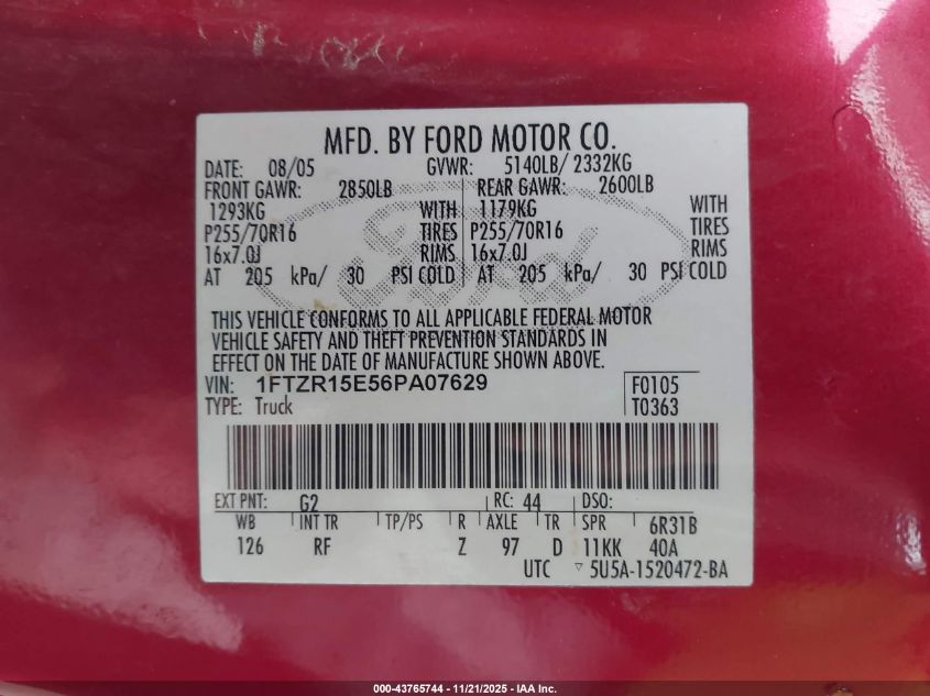 2006 Ford Ranger Fx4 Off-Road/Sport/Xl/Xlt VIN: 1FTZR15E56PA07629 Lot: 43765744