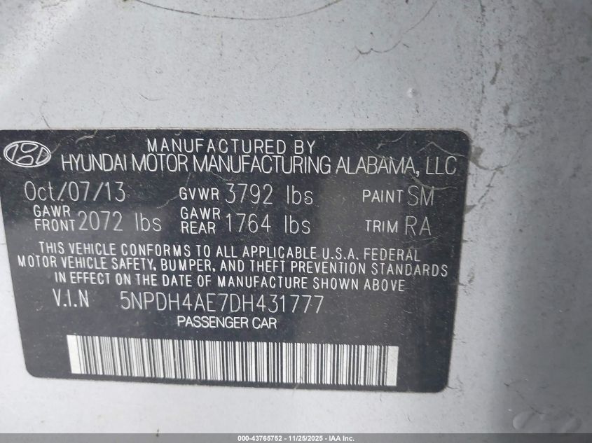 2013 Hyundai Elantra Gls VIN: 5NPDH4AE7DH431777 Lot: 43765752