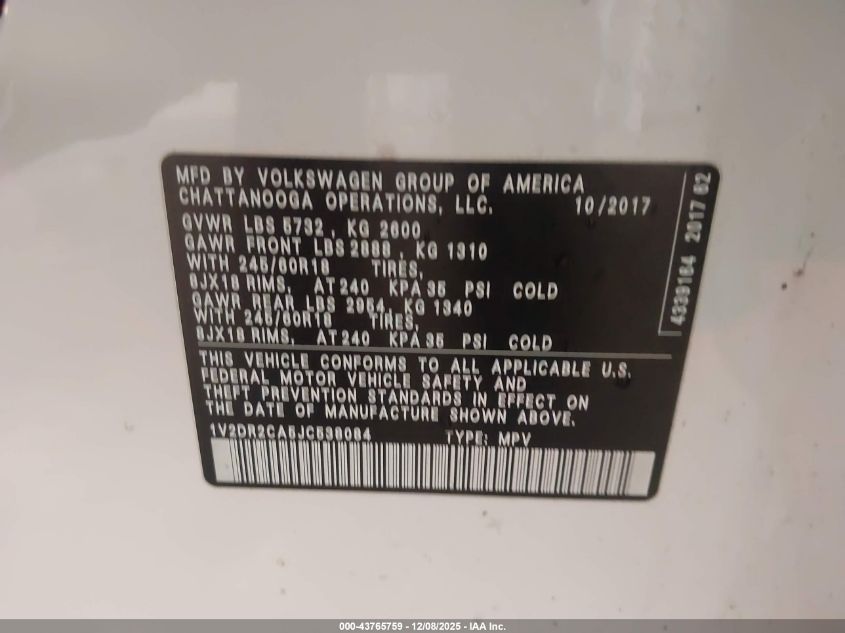2018 Volkswagen Atlas 3.6L V6 Se/3.6L V6 Se W/Technology VIN: 1V2DR2CA5JC538084 Lot: 43765759