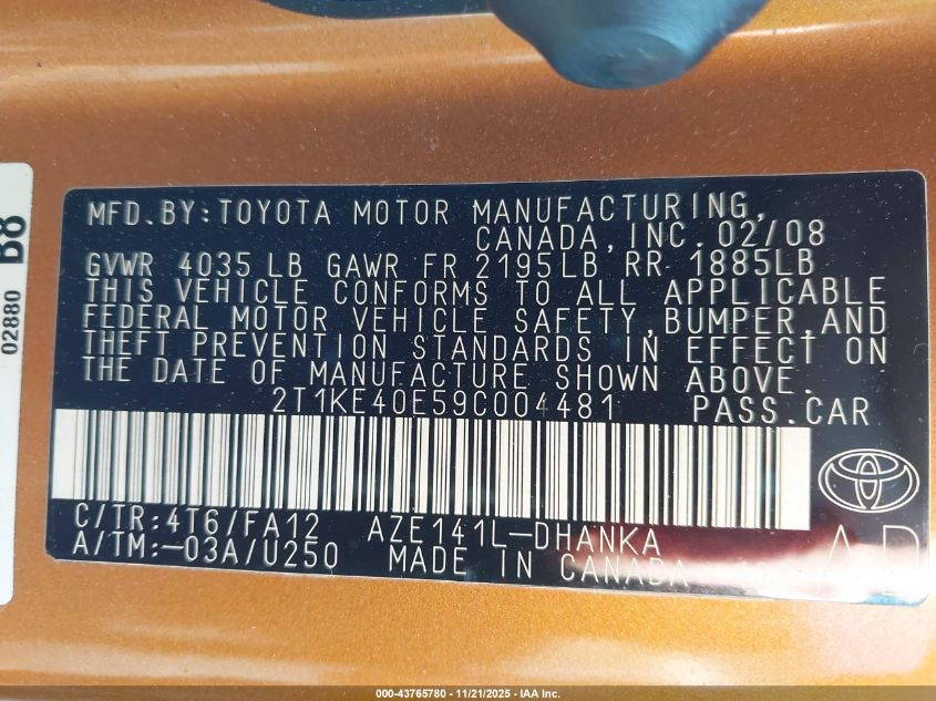 2009 Toyota Matrix S VIN: 2T1KE40E59C004481 Lot: 43765780