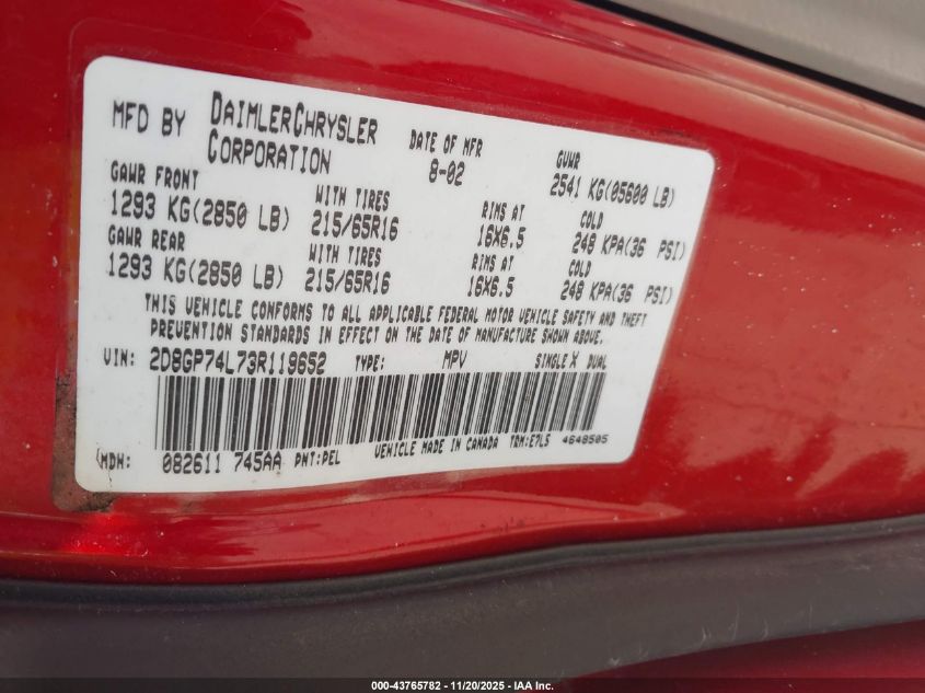 2003 Dodge Grand Caravan Ex VIN: 2D8GP74L73R119652 Lot: 43765782