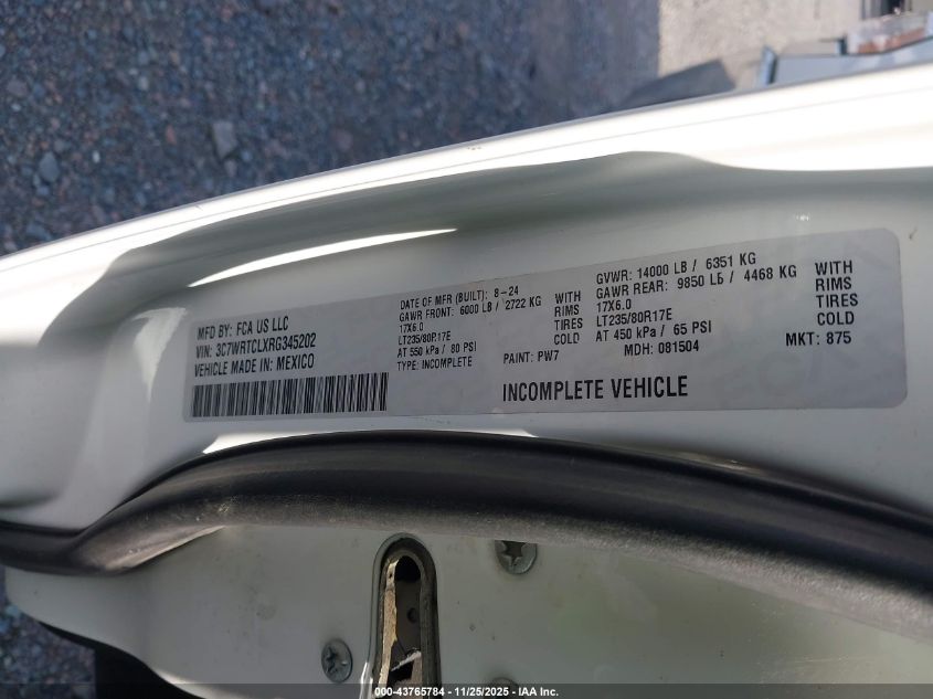 2024 Ram 3500 Chassis Tradesman/Slt/Laramie/Limited VIN: 3C7WRTCLXRG345202 Lot: 43765784