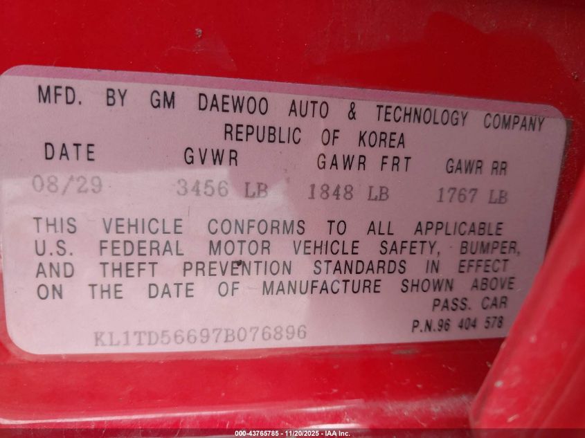 2007 Chevrolet Aveo Ls VIN: KL1TD56697B076896 Lot: 43765785