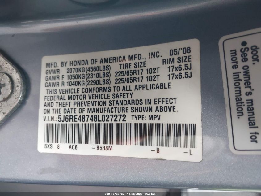2008 Honda Cr-V Ex-L VIN: 5J6RE48748L027272 Lot: 43765787
