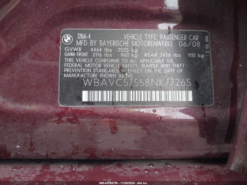 2008 BMW 328I VIN: WBAVC57558NK77265 Lot: 43765790