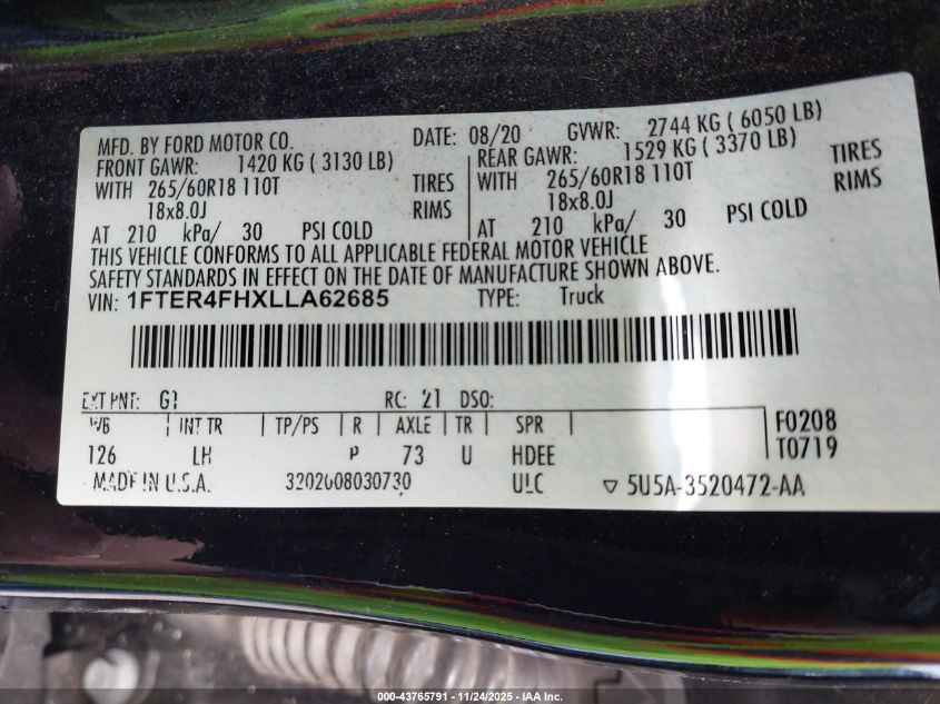 2020 Ford Ranger Xlt VIN: 1FTER4FHXLLA62685 Lot: 43765791