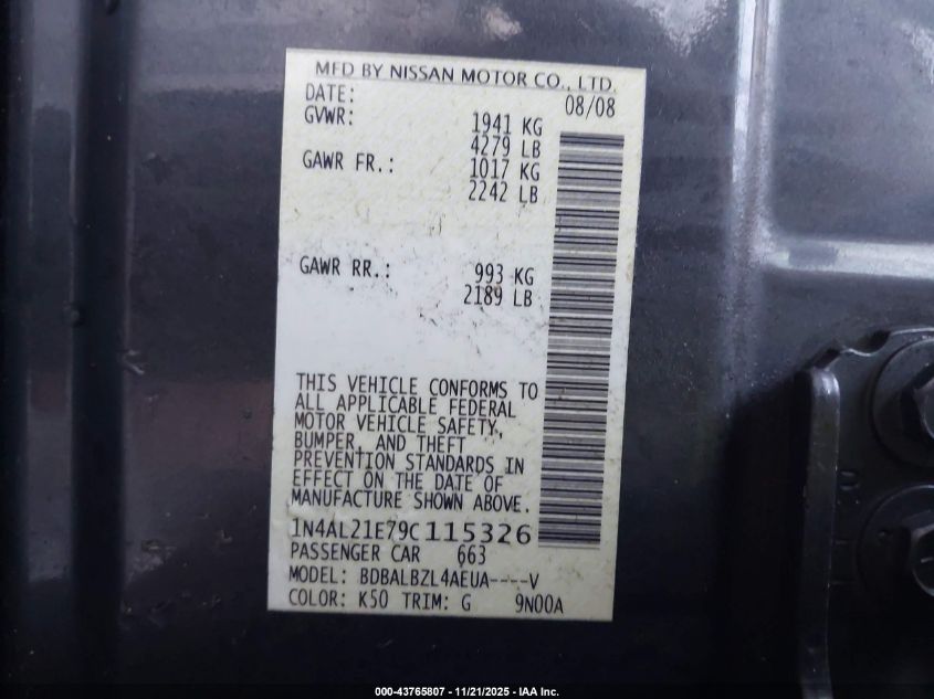 2009 Nissan Altima 2.5 S VIN: 1N4AL21E79C115326 Lot: 43765807